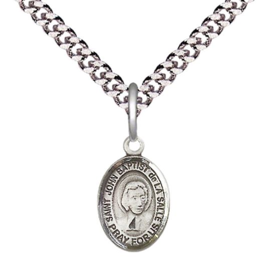Small Sized Men's Pewter Saint St. John Baptist de la Salle Medal Pendant on 24 Inch Endless Rhodium Plated Heavy Curb Brass Chain, Catholic Religious Necklace - Made in USA- Deluxe Velvet Gift Box
