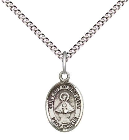 Small Sized Women's Pewter Our Lady of Saint St. Juan Medal Pendant on 18 Inch Rhodium Plated Lite Curb Brass Chain with Lobster Claw Clasp, Catholic Religious Necklace - Made in USA- Velvet Gift Box