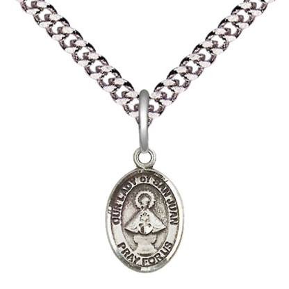 Small Sized Men's Pewter Our Lady of Saint St. Juan Medal Pendant on 24 Inch Endless Rhodium Plated Heavy Curb Brass Chain, Catholic Religious Necklace - Made in USA- Deluxe Velvet Gift Box