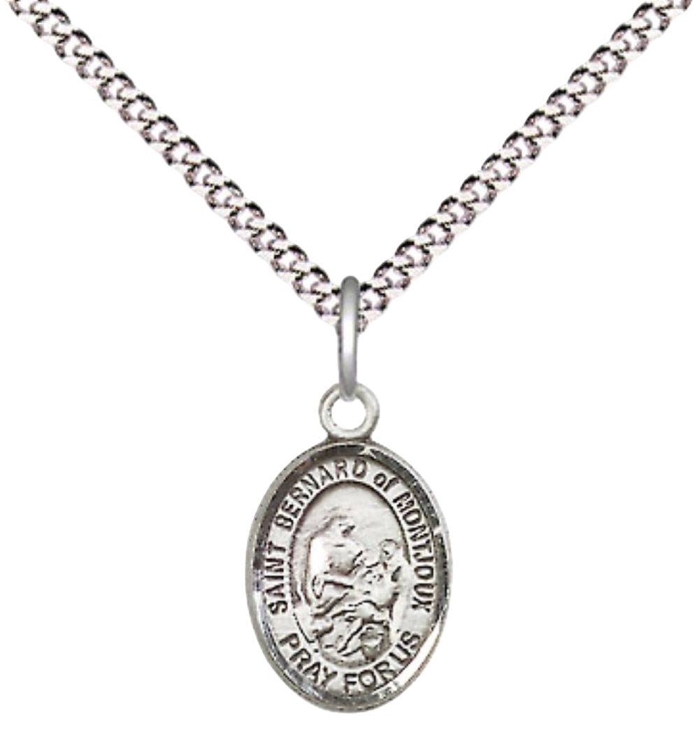 Small Sized Women's .925 Sterling Silver Saint St. Bernard of Montjoux Medal Pendant on 18 Inch Rhodium Plated Lite Curb Brass Chain with Lobster Claw Clasp, Catholic Religious Necklace - Made in USA- Velvet Gift Box