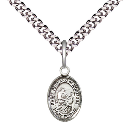 Small Sized Men's Pewter Saint St. Bernard of Montjoux Medal Pendant on 24 Inch Endless Rhodium Plated Heavy Curb Brass Chain, Catholic Religious Necklace - Made in USA- Deluxe Velvet Gift Box
