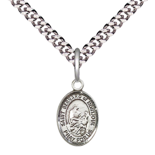 Small Sized Men's Pewter Saint St. Bernard of Montjoux Medal Pendant on 24 Inch Endless Rhodium Plated Heavy Curb Brass Chain, Catholic Religious Necklace - Made in USA- Deluxe Velvet Gift Box