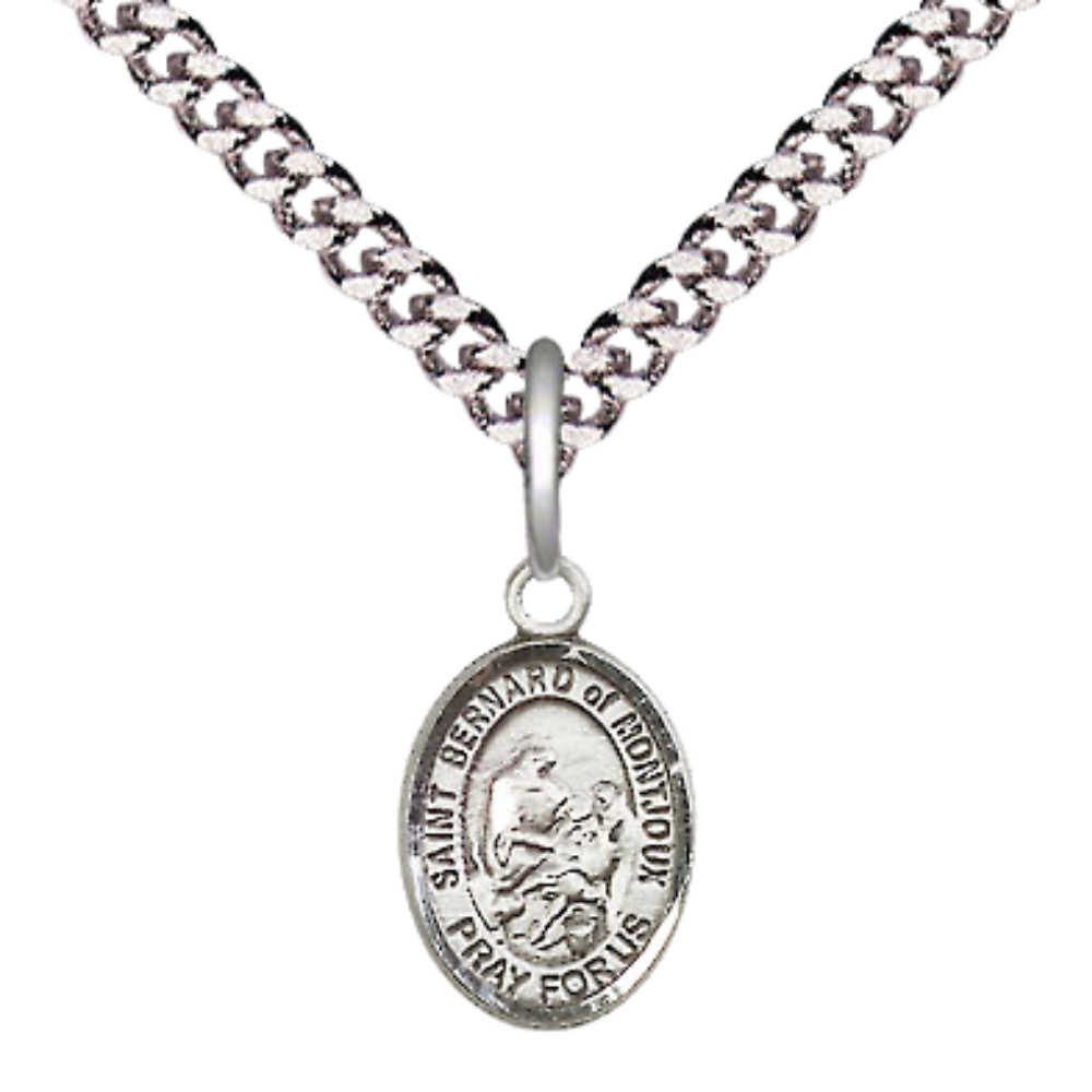 Small Sized Men's Pewter Saint St. Bernard of Montjoux Medal Pendant on 24 Inch Endless Rhodium Plated Heavy Curb Brass Chain, Catholic Religious Necklace - Made in USA- Deluxe Velvet Gift Box