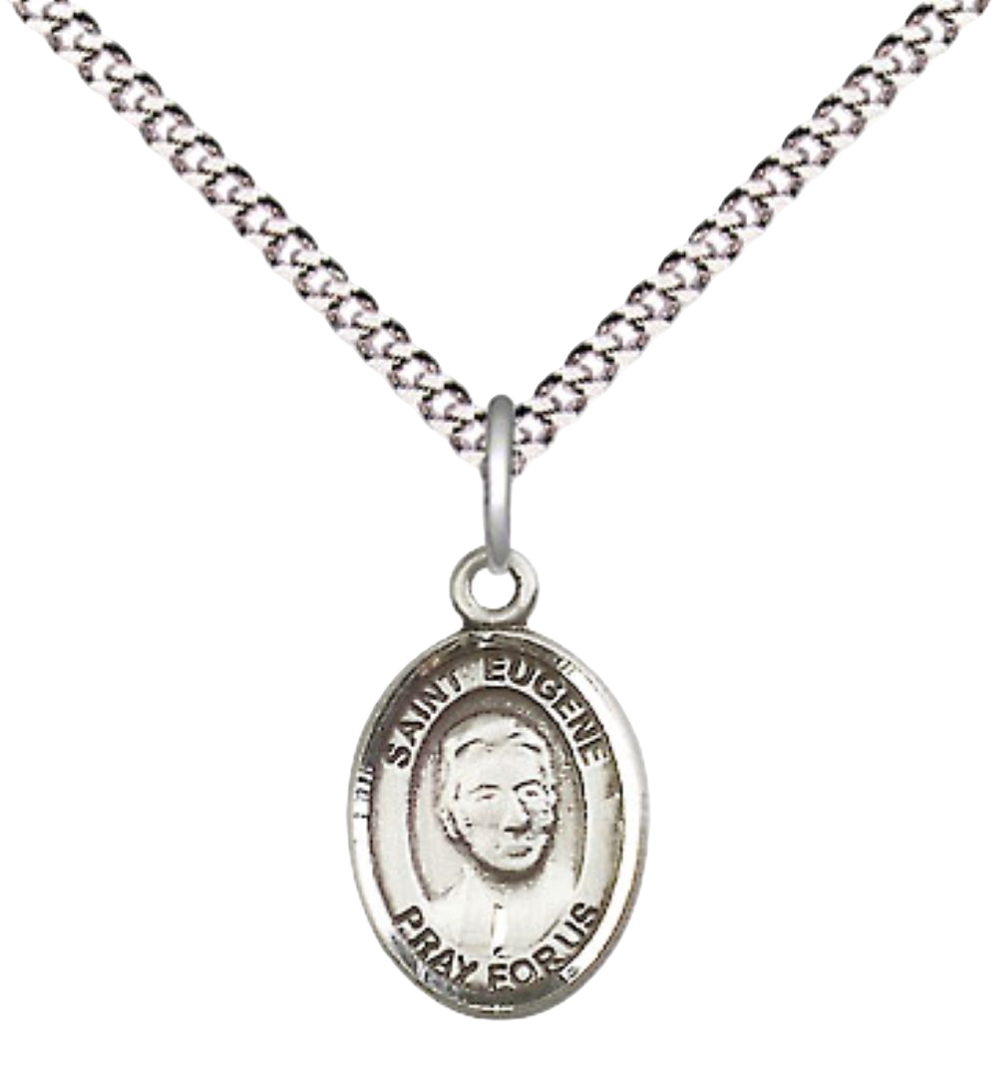 Small Sized Women's Pewter Saint Eugene de Mazenod Medal Pendant on 18 Inch Rhodium Plated Lite Curb Brass Chain with Lobster Claw Clasp, Catholic Religious Necklace - Made in USA- Velvet Gift Box