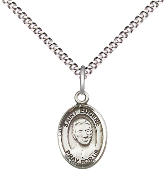 Small Sized Women's .925 Sterling Silver Saint St. Eugene de Mazenod Medal Pendant on 18 Inch Rhodium Plated Lite Curb Brass Chain with Lobster Claw Clasp, Catholic Religious Necklace - Made in USA- Velvet Gift Box