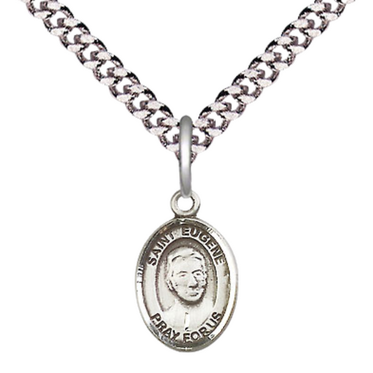 Small Sized Men's Pewter Saint St. Eugene de Mazenod Medal Pendant on 24 Inch Endless Rhodium Plated Heavy Curb Brass Chain, Catholic Religious Necklace - Made in USA- Deluxe Velvet Gift Box