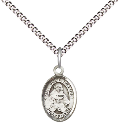 Small Sized Women's Pewter Saint St. Julia Billiart Medal Pendant on 18 Inch Rhodium Plated Lite Curb Brass Chain with Lobster Claw Clasp, Catholic Religious Necklace - Made in USA- Velvet Gift Box