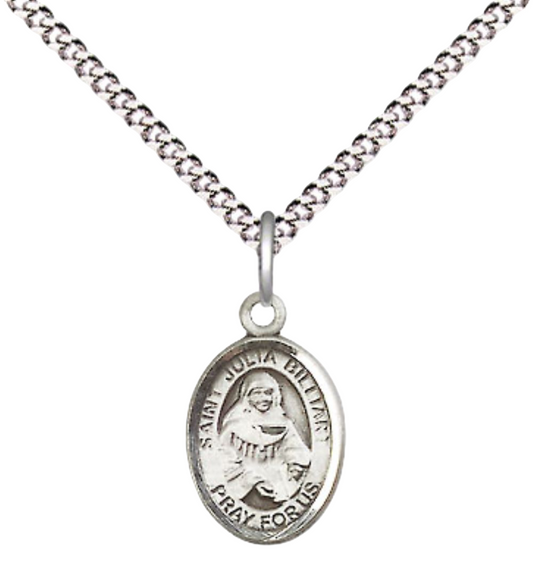 Small Sized Women's Pewter Saint St. Julia Billiart Medal Pendant on 18 Inch Rhodium Plated Lite Curb Brass Chain with Lobster Claw Clasp, Catholic Religious Necklace - Made in USA- Velvet Gift Box