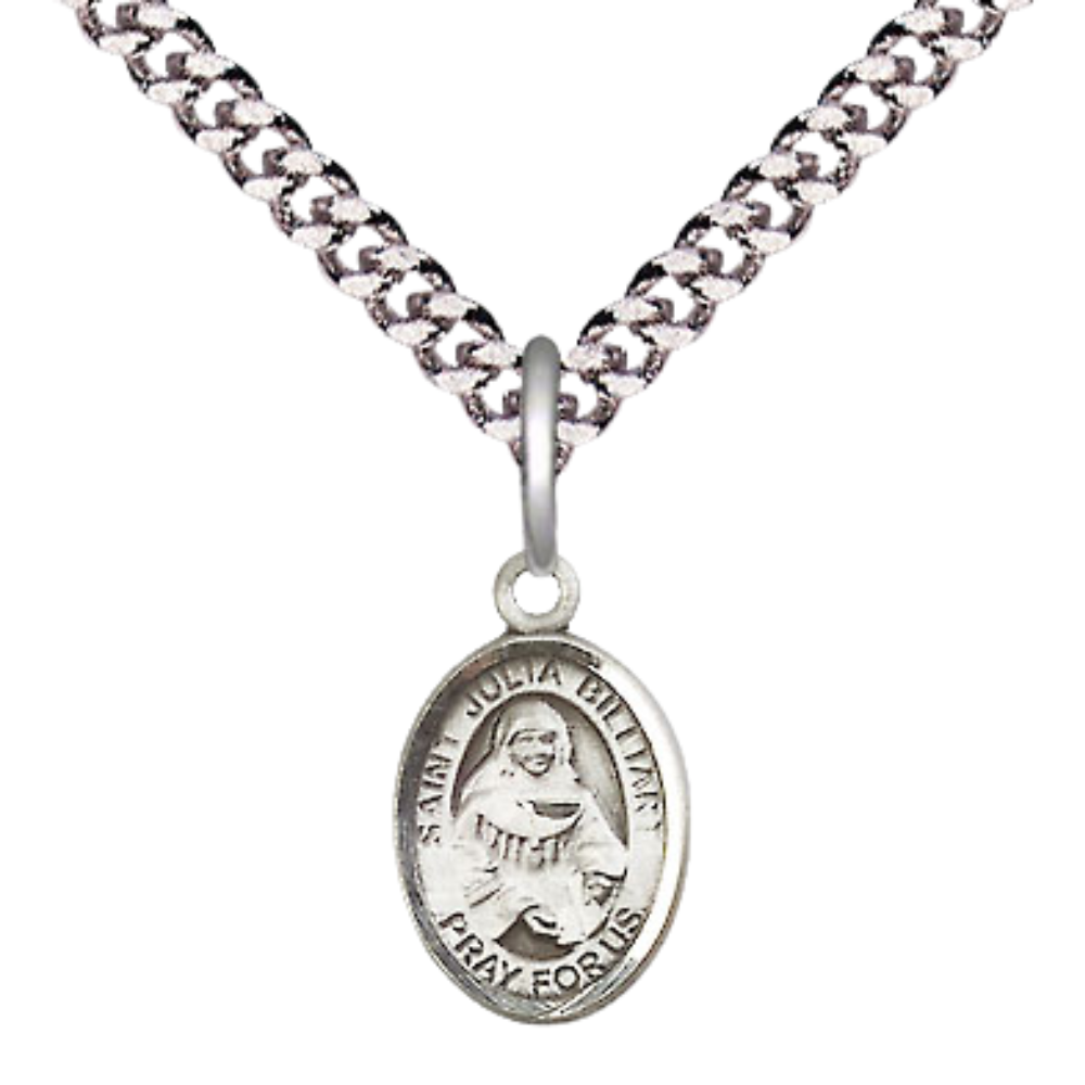 Small Sized Men's .925 Sterling Silver Saint St. Julia Billiart Medal Pendant on 24 Inch Endless Rhodium Plated Heavy Curb Brass Chain, Catholic Religious Necklace - Made in USA- Deluxe Velvet Gift Box