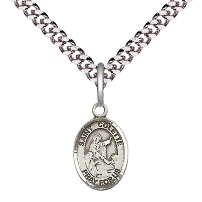 Small Sized Men's Pewter Saint St. Colette Medal Pendant on 24 Inch Endless Rhodium Plated Heavy Curb Brass Chain, Catholic Religious Necklace - Made in USA- Deluxe Velvet Gift Box