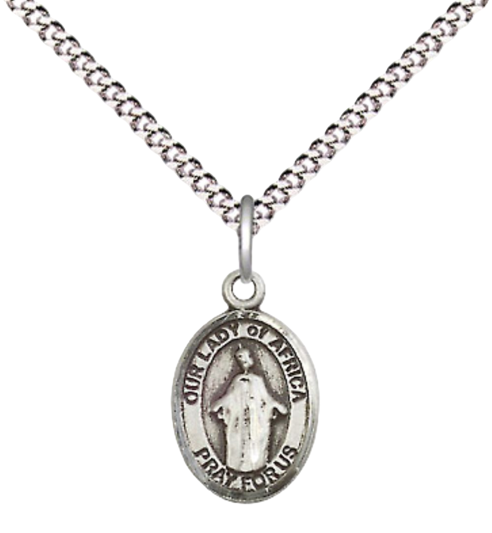 Small Sized Women's .925 Sterling Silver Our Lady of Africa Medal Pendant on 18 Inch Rhodium Plated Lite Curb Brass Chain with Lobster Claw Clasp, Catholic Religious Necklace - Made in USA- Velvet Gift Box