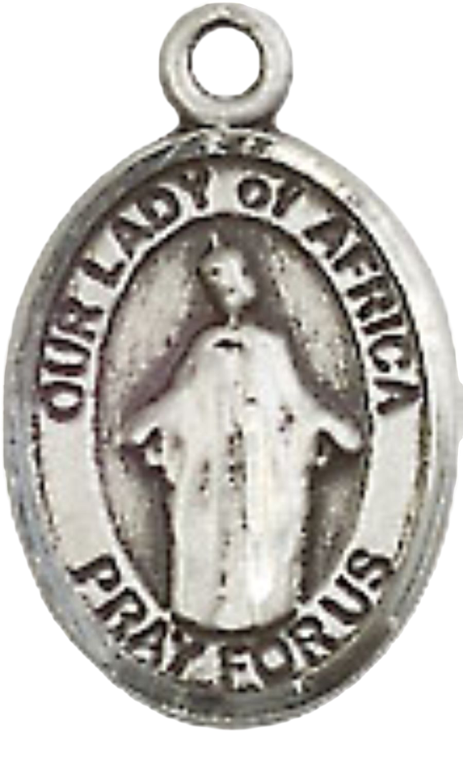 Small Sized Women's .925 Sterling Silver Our Lady of Africa Medal Pendant on 18 Inch Rhodium Plated Lite Curb Brass Chain with Lobster Claw Clasp, Catholic Religious Necklace - Made in USA- Velvet Gift Box