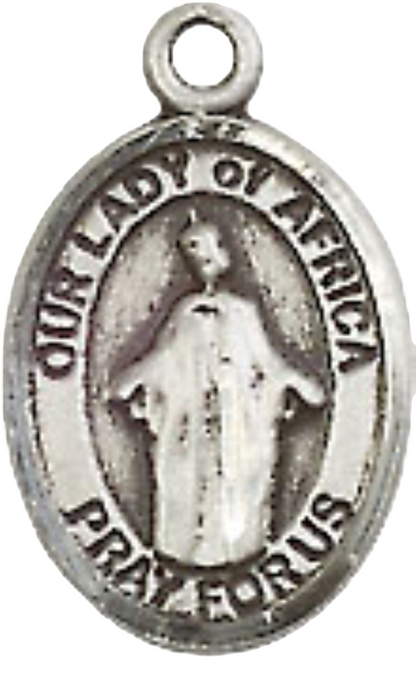 Small Sized Women's .925 Sterling Silver Our Lady of Africa Medal Pendant on 18 Inch Rhodium Plated Lite Curb Brass Chain with Lobster Claw Clasp, Catholic Religious Necklace - Made in USA- Velvet Gift Box