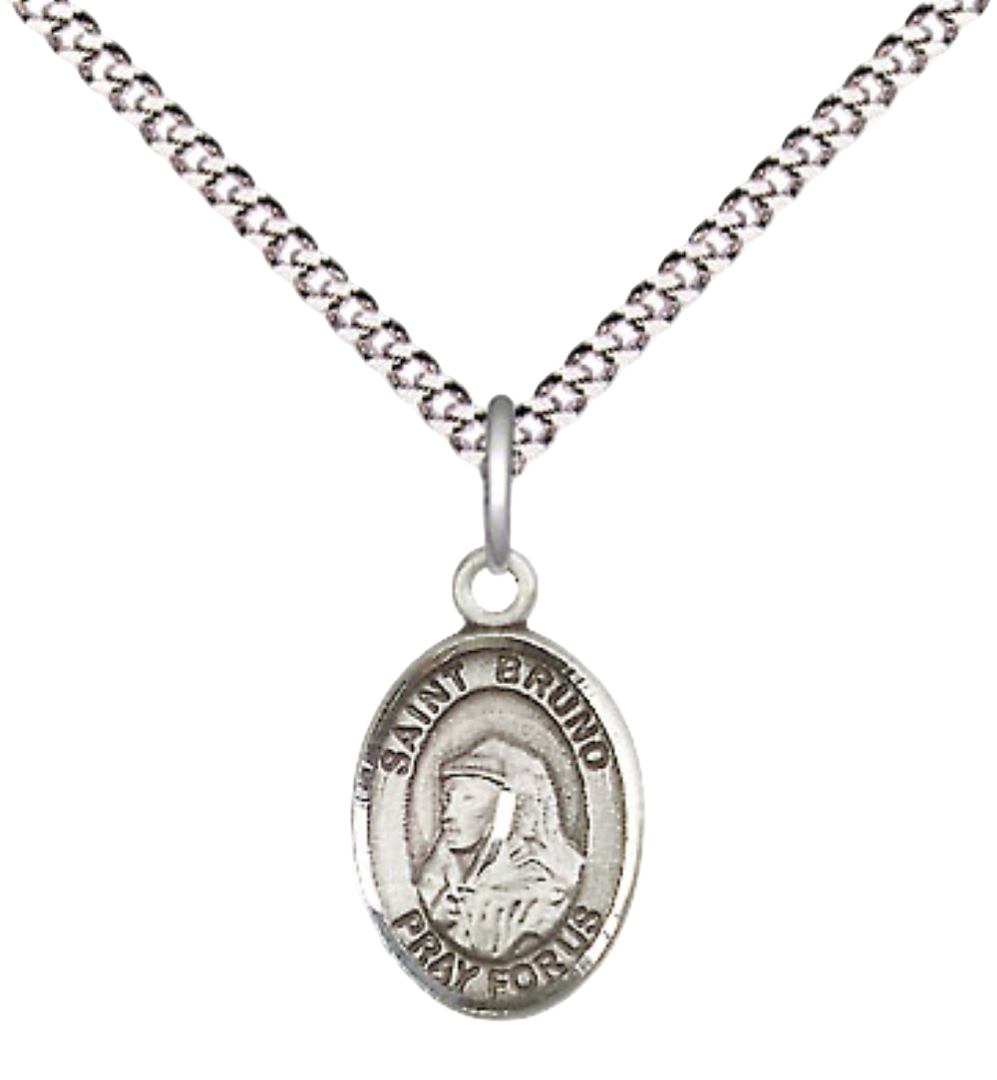 Small Sized Women's Pewter Saint Bruno Medal Pendant on 18 Inch Rhodium Plated Lite Curb Brass Chain with Lobster Claw Clasp, Catholic Religious Necklace - Made in USA- Velvet Gift Box