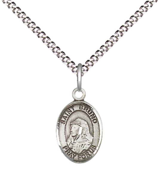 Small Sized Women's Pewter Saint Bruno Medal Pendant on 18 Inch Rhodium Plated Lite Curb Brass Chain with Lobster Claw Clasp, Catholic Religious Necklace - Made in USA- Velvet Gift Box