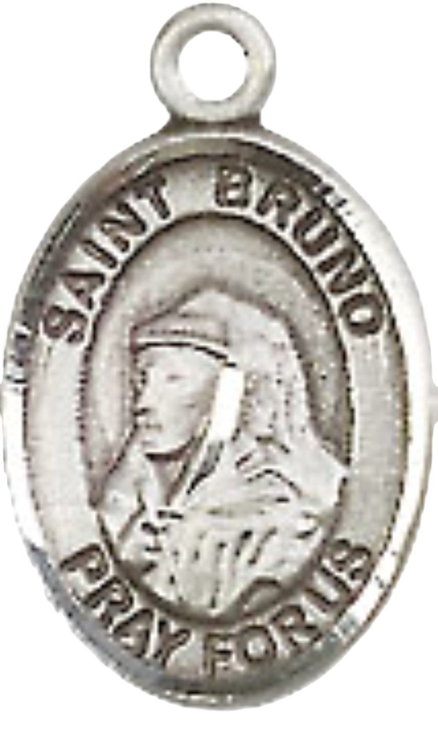Small Sized Women's Pewter Saint Bruno Medal Pendant on 18 Inch Rhodium Plated Lite Curb Brass Chain with Lobster Claw Clasp, Catholic Religious Necklace - Made in USA- Velvet Gift Box