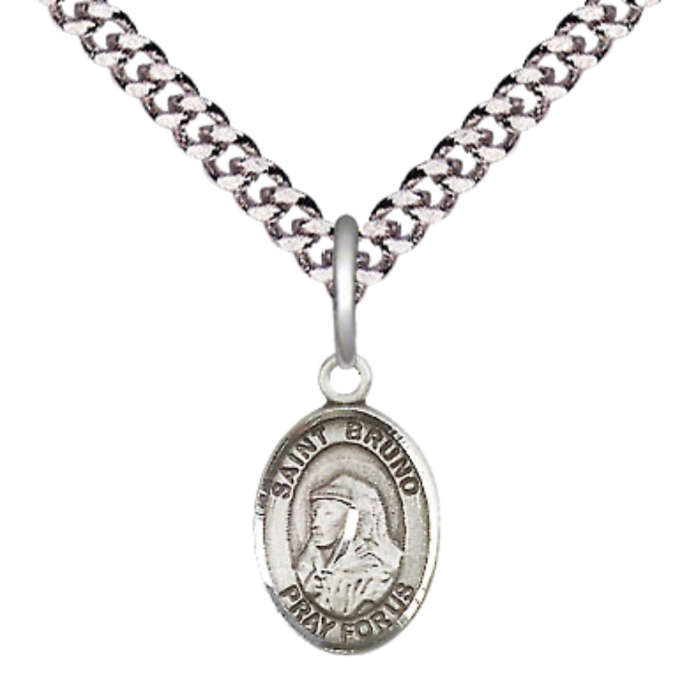 Small Sized Men's .925 Sterling Silver Saint St. Bruno Medal Pendant on 24 Inch Endless Rhodium Plated Heavy Curb Brass Chain, Catholic Religious Necklace - Made in USA- Deluxe Velvet Gift Box