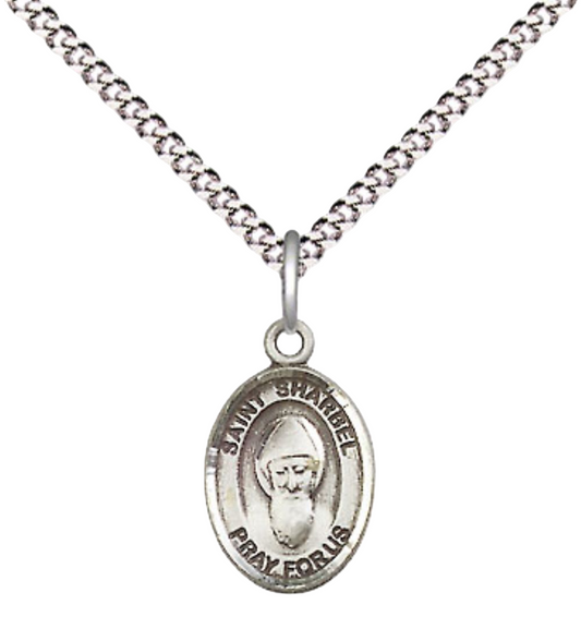 Small Sized Women's Pewter Saint Sharbel Medal Pendant on 18 Inch Rhodium Plated Lite Curb Brass Chain with Lobster Claw Clasp, Catholic Religious Necklace - Made in USA- Velvet Gift Box