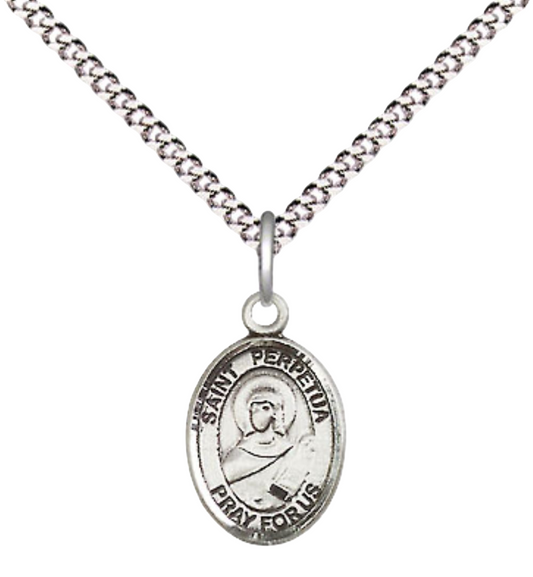 Small Sized Women's Pewter Saint St. Perpetua Medal Pendant on 18 Inch Rhodium Plated Lite Curb Brass Chain with Lobster Claw Clasp, Catholic Religious Necklace - Made in USA- Velvet Gift Box