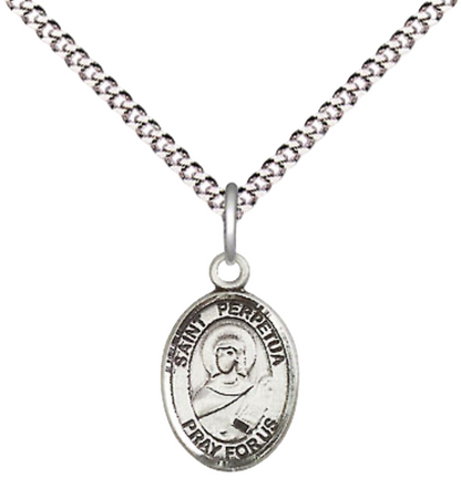 Small Sized Women's Pewter Saint St. Perpetua Medal Pendant on 18 Inch Rhodium Plated Lite Curb Brass Chain with Lobster Claw Clasp, Catholic Religious Necklace - Made in USA- Velvet Gift Box