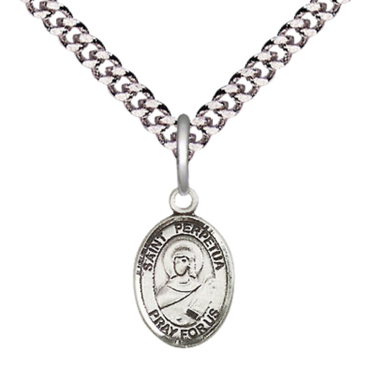 Small Sized Men's Pewter Saint St. Perpetua Medal Pendant on 24 Inch Endless Rhodium Plated Heavy Curb Brass Chain, Catholic Religious Necklace - Made in USA- Deluxe Velvet Gift Box