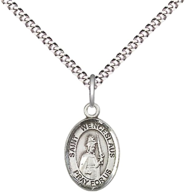 Small Sized Women's Pewter Saint St. Wenceslaus Medal Pendant on 18 Inch Rhodium Plated Lite Curb Brass Chain with Lobster Claw Clasp, Catholic Religious Necklace - Made in USA- Velvet Gift Box