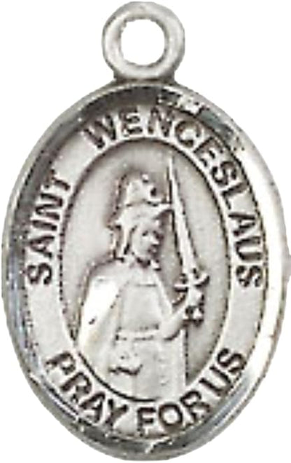 Small Sized Women's .925 Sterling Silver Saint St. Wenceslaus Medal Pendant on 18 Inch Rhodium Plated Lite Curb Brass Chain with Lobster Claw Clasp, Catholic Religious Necklace - Made in USA- Velvet Gift Box