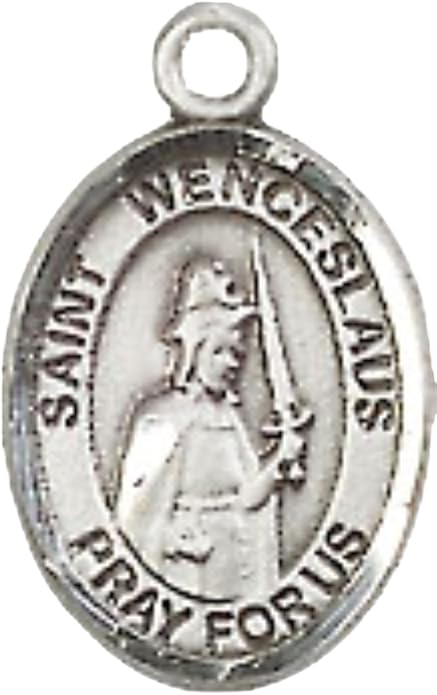 Small Sized Women's Pewter Saint St. Wenceslaus Medal Pendant on 18 Inch Rhodium Plated Lite Curb Brass Chain with Lobster Claw Clasp, Catholic Religious Necklace - Made in USA- Velvet Gift Box