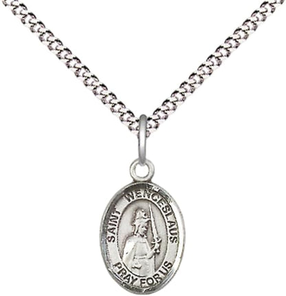 Small Sized Women's Pewter Saint St. Wenceslaus Medal Pendant on 18 Inch Rhodium Plated Lite Curb Brass Chain with Lobster Claw Clasp, Catholic Religious Necklace - Made in USA- Velvet Gift Box