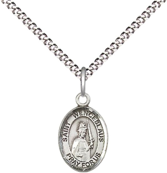 Small Sized Women's Pewter Saint St. Wenceslaus Medal Pendant on 18 Inch Rhodium Plated Lite Curb Brass Chain with Lobster Claw Clasp, Catholic Religious Necklace - Made in USA- Velvet Gift Box