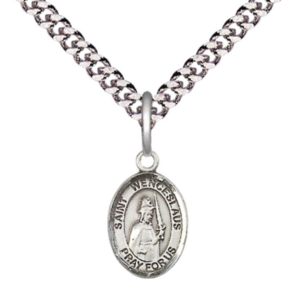 Small Sized Men's .925 Sterling Silver Saint St. Wenceslaus Medal Pendant on 24 Inch Endless Rhodium Plated Heavy Curb Brass Chain, Catholic Religious Necklace - Made in USA- Deluxe Velvet Gift Box