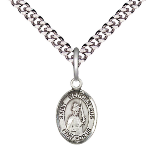 Small Sized Men's Pewter Saint St. Wenceslaus Medal Pendant on 24 Inch Endless Rhodium Plated Heavy Curb Brass Chain, Catholic Religious Necklace - Made in USA- Deluxe Velvet Gift Box