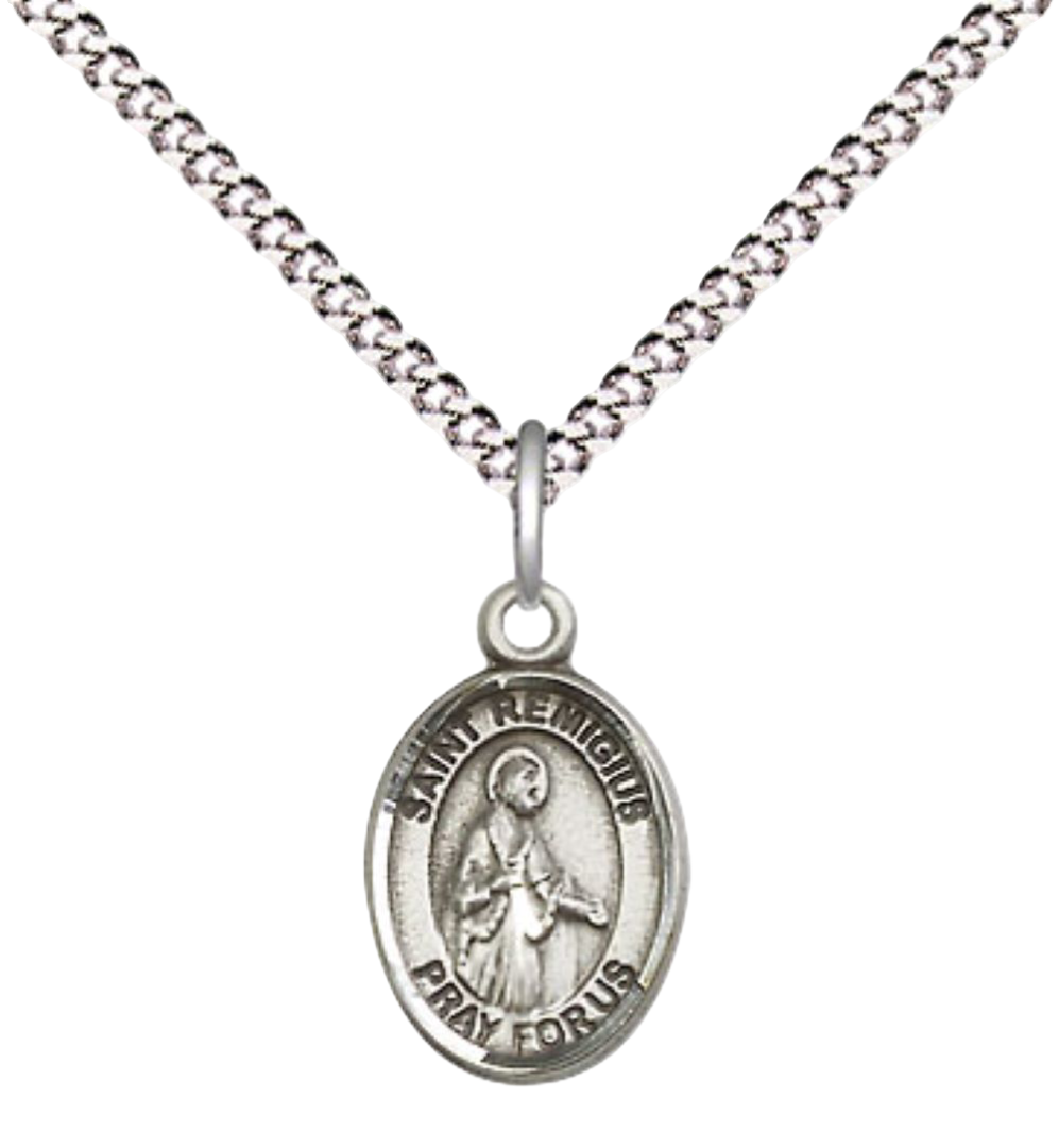 Small Sized Women's Pewter Saint Remigius of Reims Medal Pendant on 18 Inch Rhodium Plated Lite Curb Brass Chain with Lobster Claw Clasp, Catholic Religious Necklace - Made in USA- Velvet Gift Box