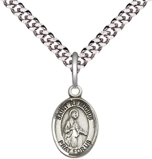 Small Sized Men's Pewter Saint St. Remigius of Reims Medal Pendant on 24 Inch Endless Rhodium Plated Heavy Curb Brass Chain, Catholic Religious Necklace - Made in USA- Deluxe Velvet Gift Box