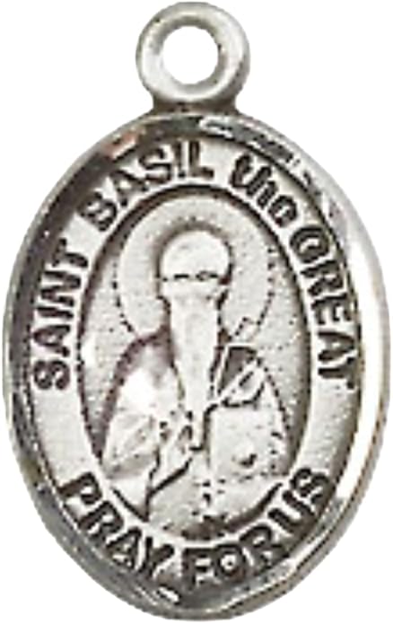 Small Sized Women's .925 Sterling Silver Saint St. Basil the Great Medal Pendant on 18 Inch Rhodium Plated Lite Curb Brass Chain with Lobster Claw Clasp, Catholic Religious Necklace - Made in USA- Velvet Gift Box