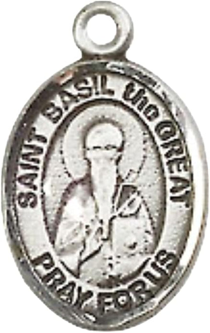 Small Sized Women's .925 Sterling Silver Saint St. Basil the Great Medal Pendant on 18 Inch Rhodium Plated Lite Curb Brass Chain with Lobster Claw Clasp, Catholic Religious Necklace - Made in USA- Velvet Gift Box