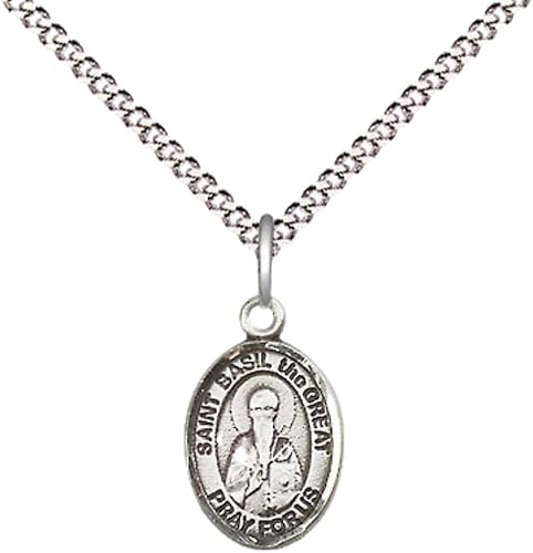 Small Sized Women's .925 Sterling Silver Saint St. Basil the Great Medal Pendant on 18 Inch Rhodium Plated Lite Curb Brass Chain with Lobster Claw Clasp, Catholic Religious Necklace - Made in USA- Velvet Gift Box