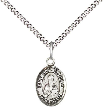 Small Sized Women's Pewter Saint Basil the Great Medal Pendant on 18 Inch Rhodium Plated Lite Curb Brass Chain with Lobster Claw Clasp, Catholic Religious Necklace - Made in USA- Velvet Gift Box