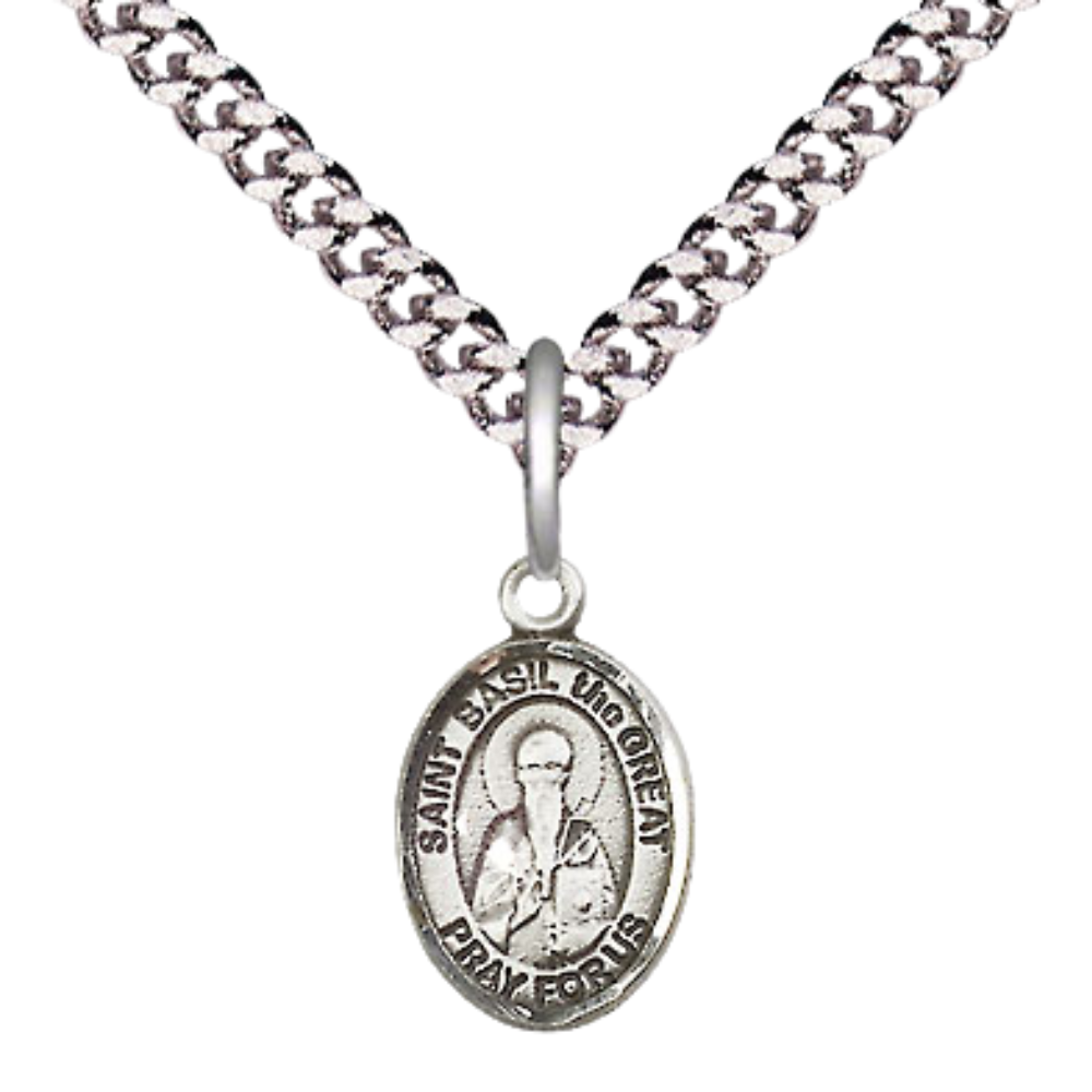 Small Sized Men's Pewter Saint St. Basil the Great Medal Pendant on 24 Inch Endless Rhodium Plated Heavy Curb Brass Chain, Catholic Religious Necklace - Made in USA- Deluxe Velvet Gift Box