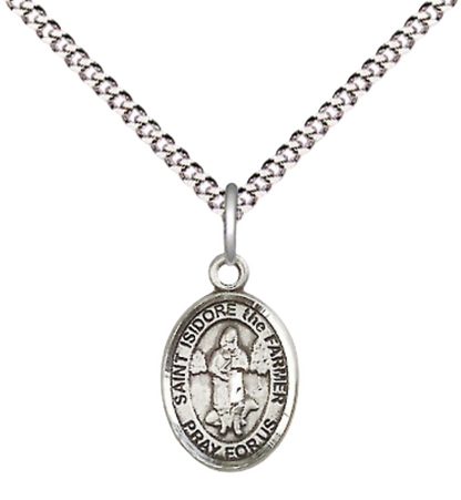 Small Sized Women's Pewter Saint St. Isidore the Farmer Medal Pendant on 18 Inch Rhodium Plated Lite Curb Brass Chain with Lobster Claw Clasp, Catholic Religious Necklace - Made in USA- Velvet Gift Box