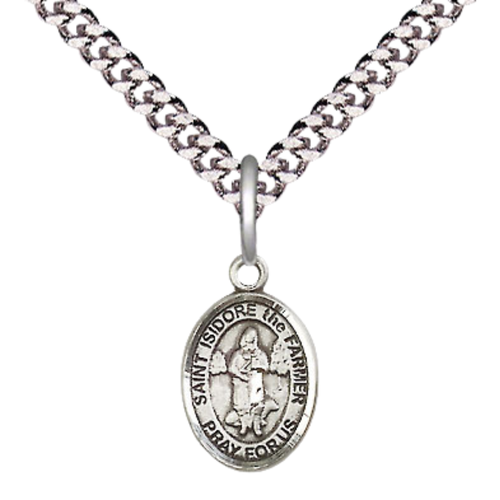 Small Sized Men's Pewter Saint St. Isidore the Farmer Medal Pendant on 24 Inch Endless Rhodium Plated Heavy Curb Brass Chain, Catholic Religious Necklace - Made in USA- Deluxe Velvet Gift Box