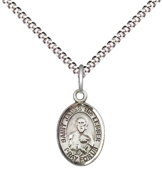 Small Sized Women's Pewter Saint James the Lesser Medal Pendant on 18 Inch Rhodium Plated Lite Curb Brass Chain with Lobster Claw Clasp, Catholic Religious Necklace - Made in USA- Velvet Gift Box
