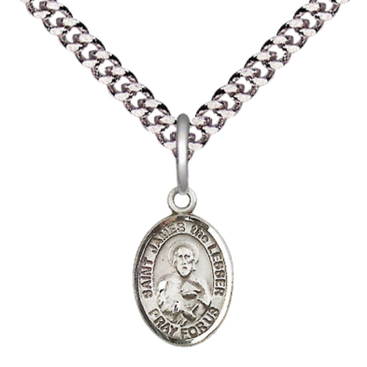Small Sized Men's Pewter Saint St. James the Lesser Medal Pendant on 24 Inch Endless Rhodium Plated Heavy Curb Brass Chain, Catholic Religious Necklace - Made in USA- Deluxe Velvet Gift Box