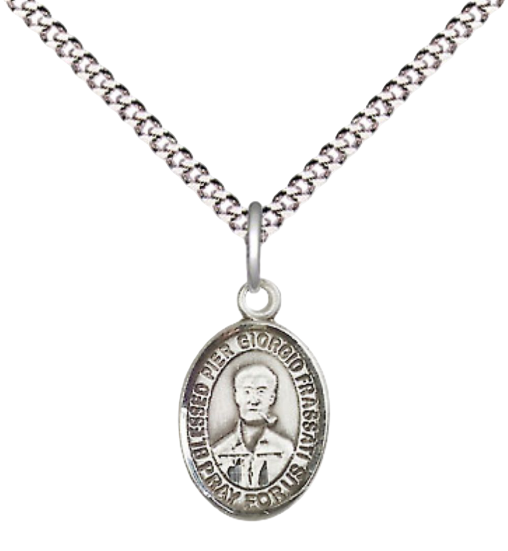 Small Sized Women's Pewter Blessed Pier Giorgio Frassati Medal Pendant on 18 Inch Rhodium Plated Lite Curb Brass Chain with Lobster Claw Clasp, Catholic Religious Necklace - Made in USA- Velvet Gift Box