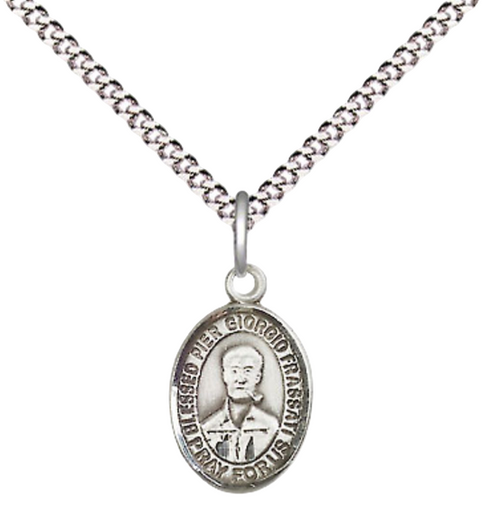Small Sized Women's Pewter Blessed Pier Giorgio Frassati Medal Pendant on 18 Inch Rhodium Plated Lite Curb Brass Chain with Lobster Claw Clasp, Catholic Religious Necklace - Made in USA- Velvet Gift Box