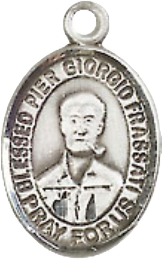 Small Sized Women's Pewter Blessed Pier Giorgio Frassati Medal Pendant on 18 Inch Rhodium Plated Lite Curb Brass Chain with Lobster Claw Clasp, Catholic Religious Necklace - Made in USA- Velvet Gift Box