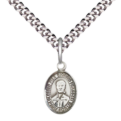 Small Sized Men's .925 Sterling Silver Blessed Pier Giorgio Frassati Medal Pendant on 24 Inch Endless Rhodium Plated Heavy Curb Brass Chain, Catholic Religious Necklace - Made in USA- Deluxe Velvet Gift Box