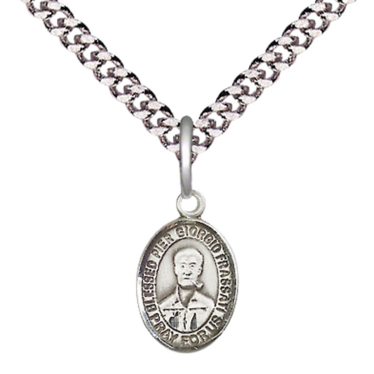 Small Sized Men's Pewter Blessed Pier Giorgio Frassati Medal Pendant on 24 Inch Endless Rhodium Plated Heavy Curb Brass Chain, Catholic Religious Necklace - Made in USA- Deluxe Velvet Gift Box