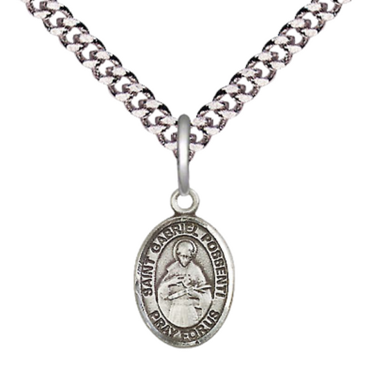Small Sized Men's Pewter Saint St. Gabriel Possenti Medal Pendant on 24 Inch Endless Rhodium Plated Heavy Curb Brass Chain, Catholic Religious Necklace - Made in USA- Deluxe Velvet Gift Box