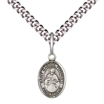 Small Sized Men's Pewter Saint St. Gabriel Possenti Medal Pendant on 24 Inch Endless Rhodium Plated Heavy Curb Brass Chain, Catholic Religious Necklace - Made in USA- Deluxe Velvet Gift Box